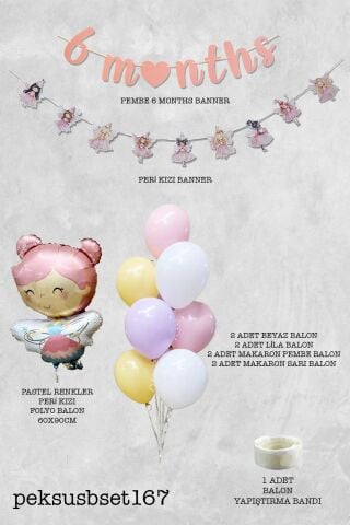 Peri Kızı Tema 6 Aylık Yarım Yaş Partisi Balon Zinciri Seti 6 Months Bannerlı