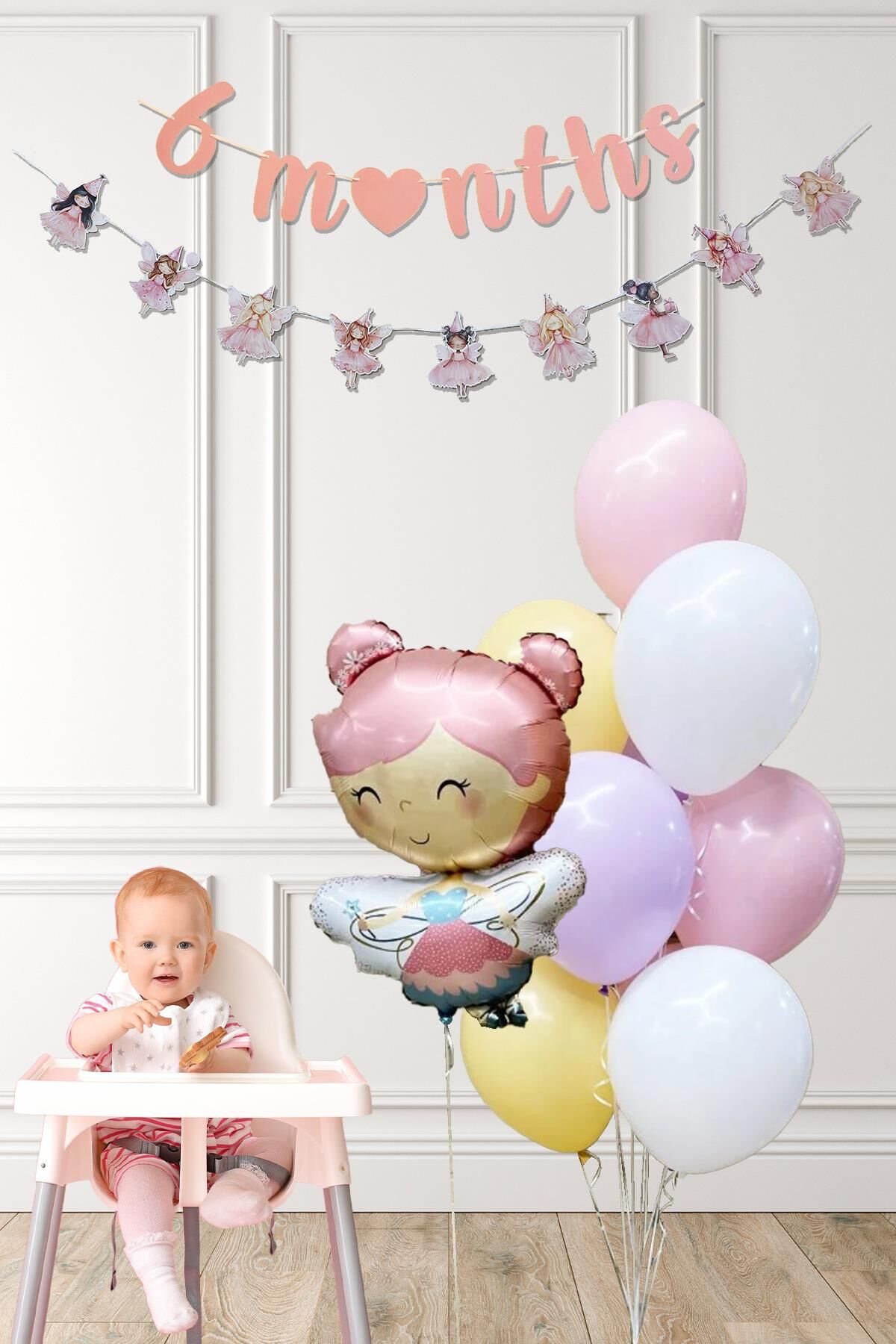 Peri Kızı Tema 6 Aylık Yarım Yaş Partisi Balon Zinciri Seti 6 Months Bannerlı