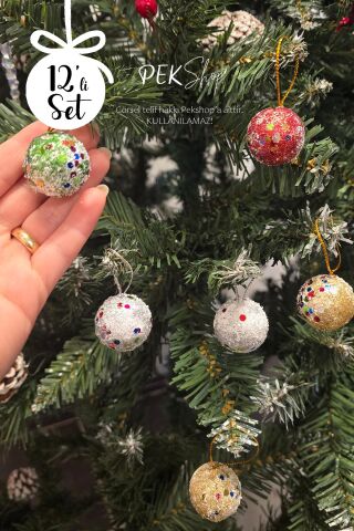 Simli Rengarenk Toplar Yılbaşı Ağaç Süsü Simli Cici Top 12li Set