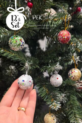 Simli Rengarenk Toplar Yılbaşı Ağaç Süsü Simli Cici Top 12li Set