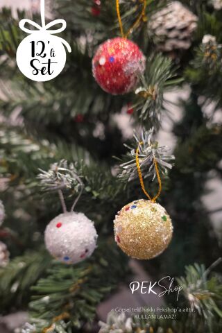 Simli Rengarenk Toplar Yılbaşı Ağaç Süsü Simli Cici Top 12li Set