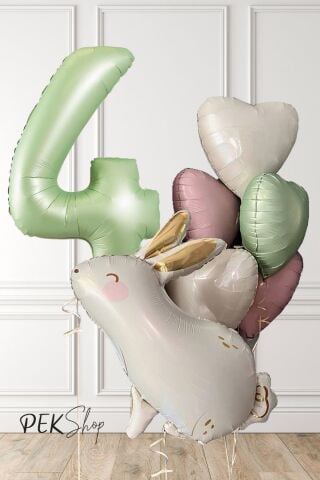 Tavşan Tema Retro Yeşil Rakamlı Kalp Balonlu Doğum Günü Balon Seti