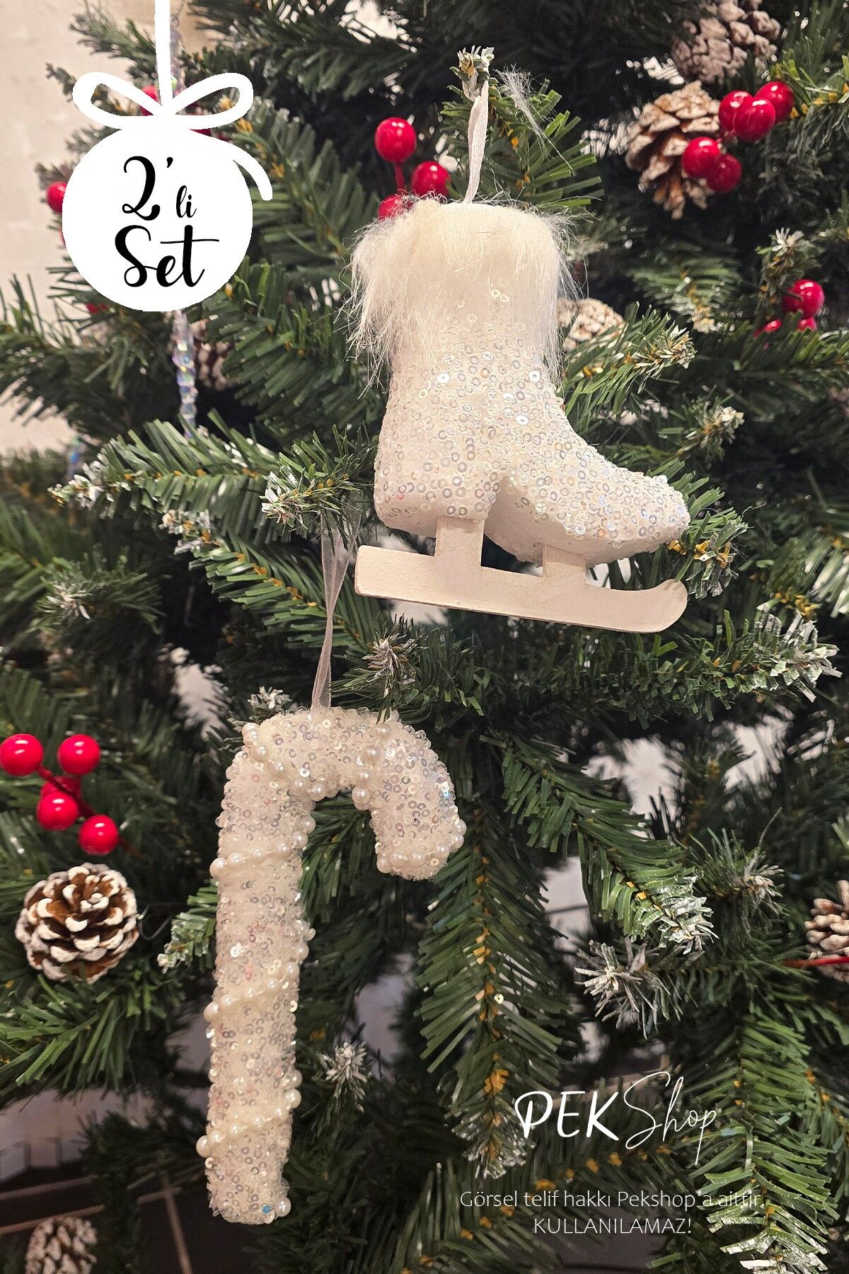 Yılbaşı Ağaç Süsleme Seti Lüks Büyük Paten ve İncili Baston Şeker Ağaç Süsü Seti