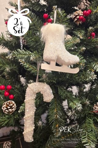 Yılbaşı Ağaç Süsleme Seti Lüks Büyük Paten ve İncili Baston Şeker Ağaç Süsü Seti