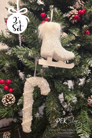 Yılbaşı Ağaç Süsleme Seti Lüks Büyük Paten ve İncili Baston Şeker Ağaç Süsü Seti