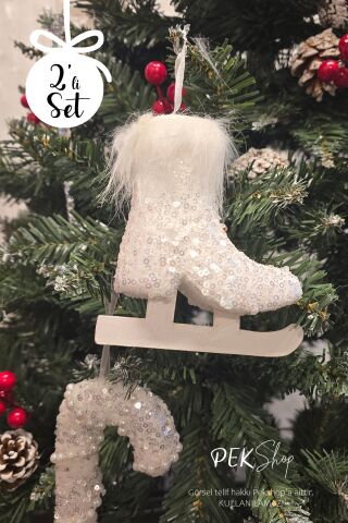 Yılbaşı Ağaç Süsleme Seti Lüks Büyük Paten ve İncili Baston Şeker Ağaç Süsü Seti