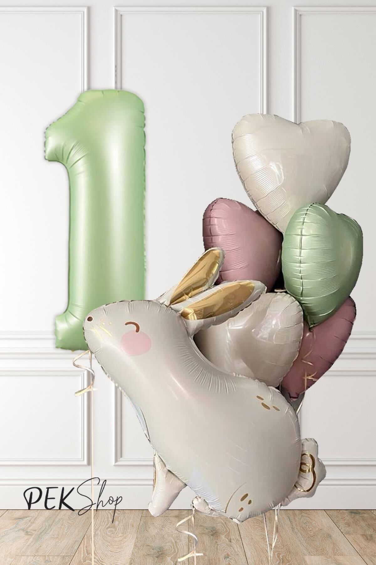 Tavşan Tema Retro Yeşil Rakamlı Kalp Balonlu Doğum Günü Balon Seti 1