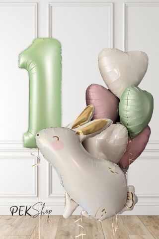 Tavşan Tema Retro Yeşil Rakamlı Kalp Balonlu Doğum Günü Balon Seti 1