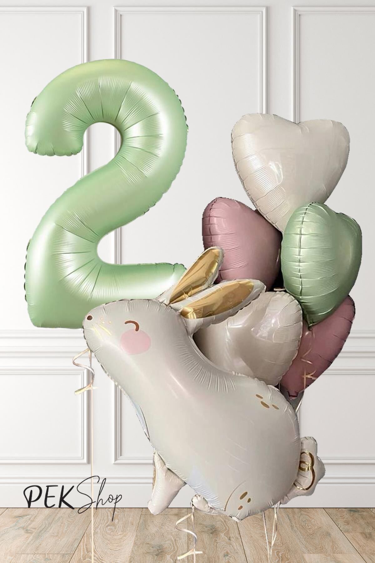 Tavşan Tema Retro Yeşil Rakamlı Kalp Balonlu Doğum Günü Balon Seti 2