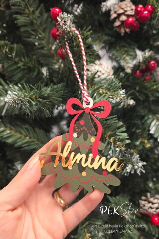 İsme Özel Gold Ayna İsimli Yılbaşı Ağacı Şekilli Yılbaşı Ağaç Süsü