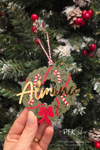 İsme Özel Gold Ayna İsimli Yılbaşı Çelengi Şekilli İsimli Yılbaşı Ağaç Süsü