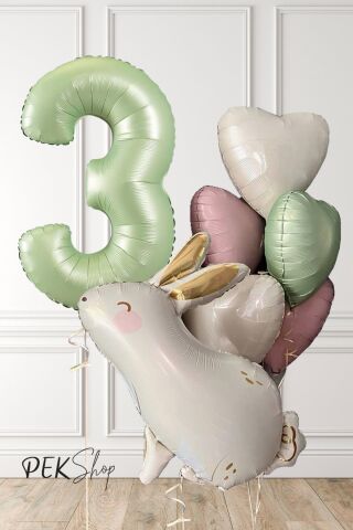 Tavşan Tema Retro Yeşil Rakamlı Kalp Balonlu Doğum Günü Balon Seti 3