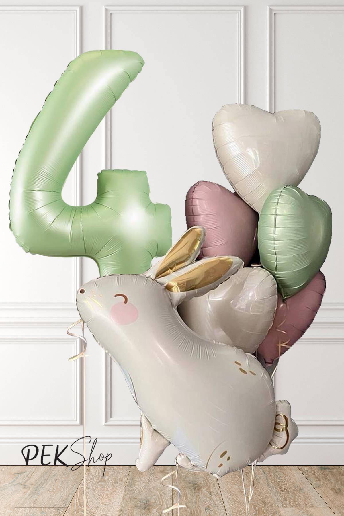 Tavşan Tema Retro Yeşil Rakamlı Kalp Balonlu Doğum Günü Balon Seti 4