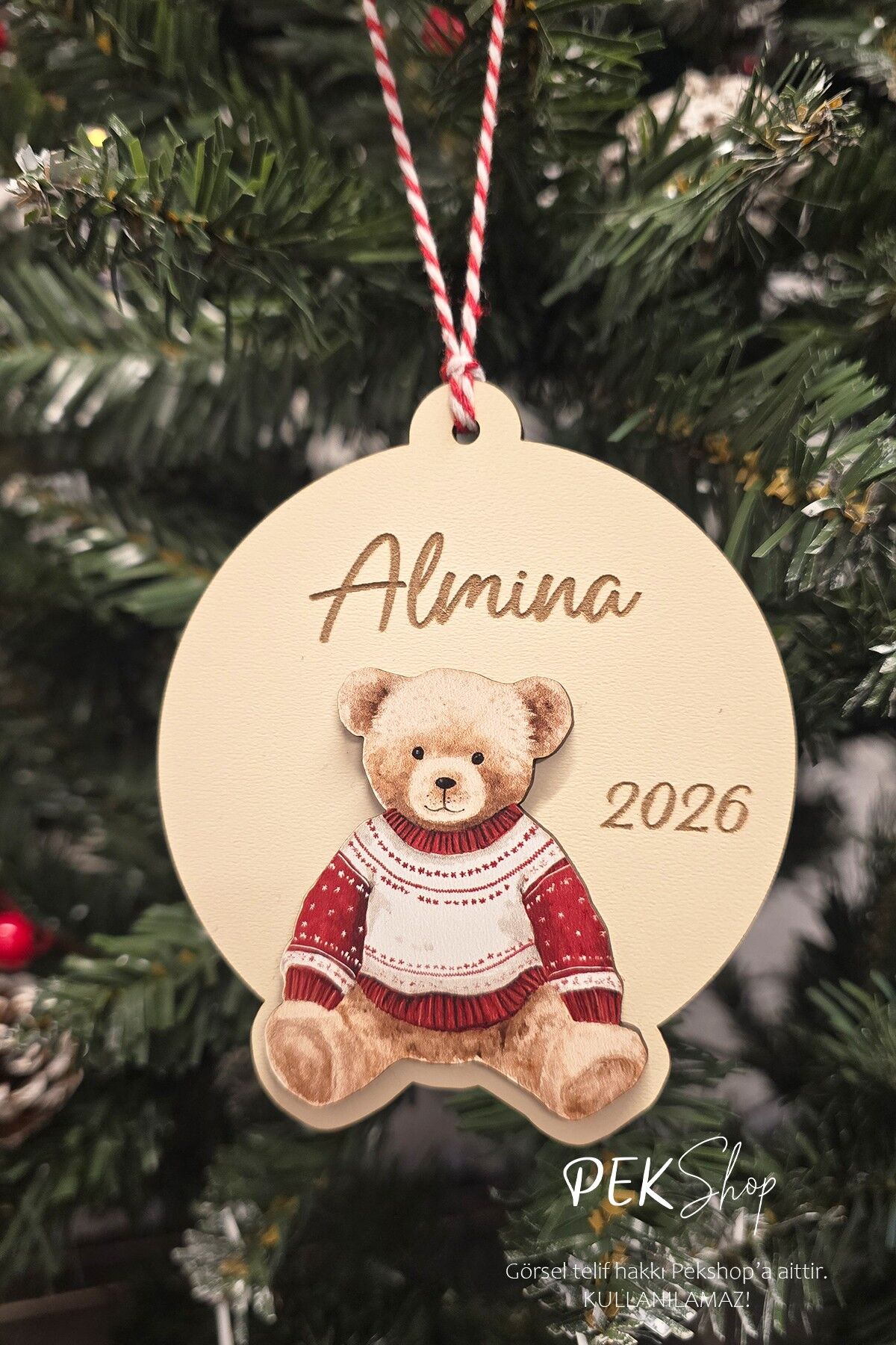İsme Özel Teddy Bear Yakışıklı Ayı Figürlü İsimli Yılbaşı Ağaç Süsü