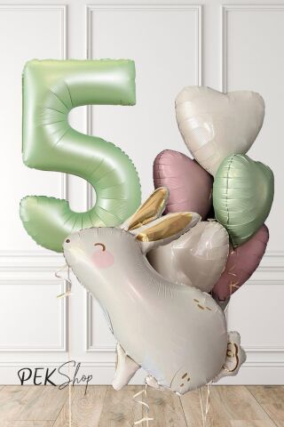 Tavşan Tema Retro Yeşil Rakamlı Kalp Balonlu Doğum Günü Balon Seti 5