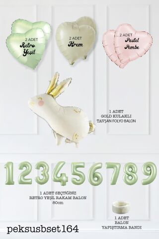 Tavşan Tema Retro Yeşil Rakamlı Kalp Balonlu Doğum Günü Balon Seti 5