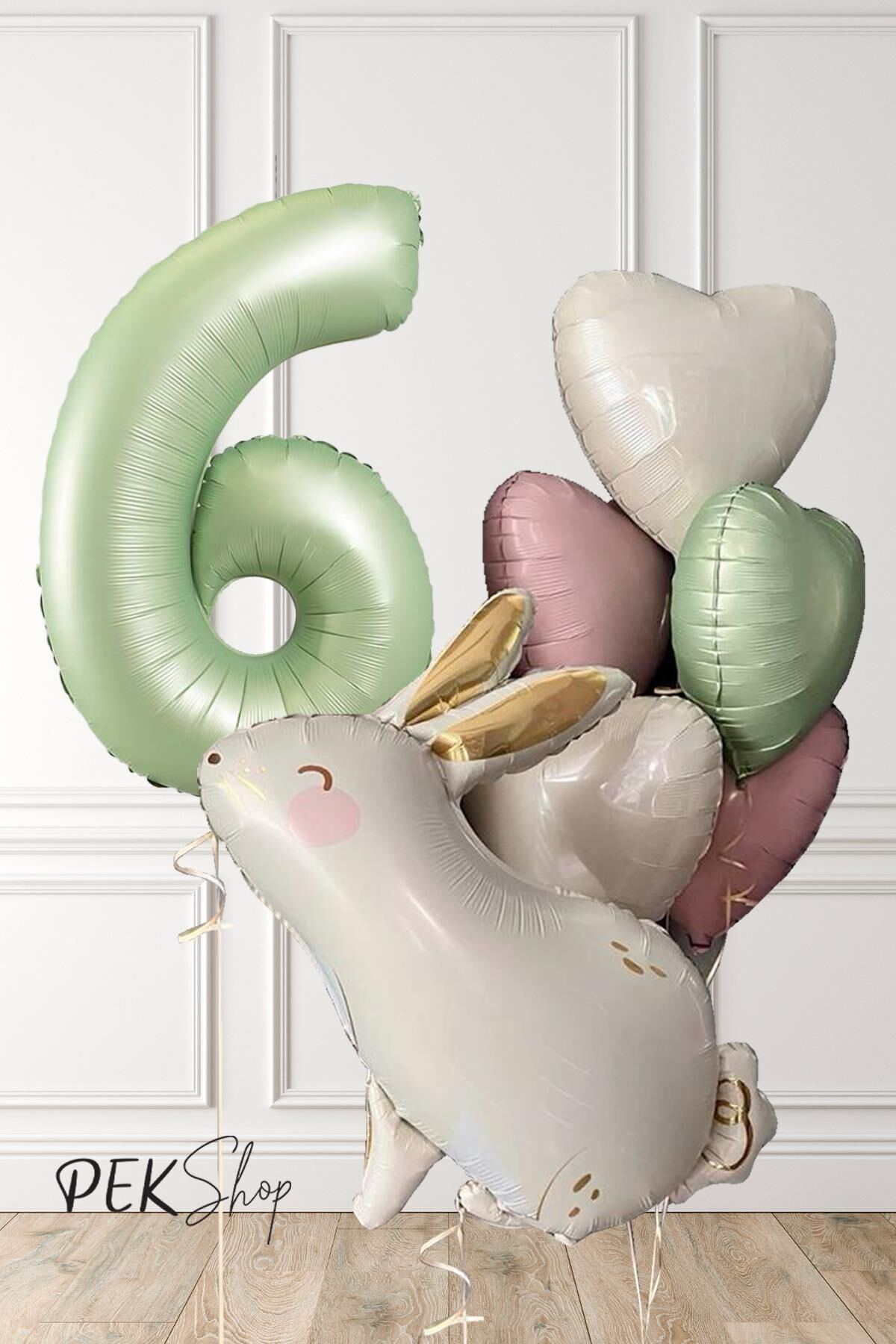 Tavşan Tema Retro Yeşil Rakamlı Kalp Balonlu Doğum Günü Balon Seti 6