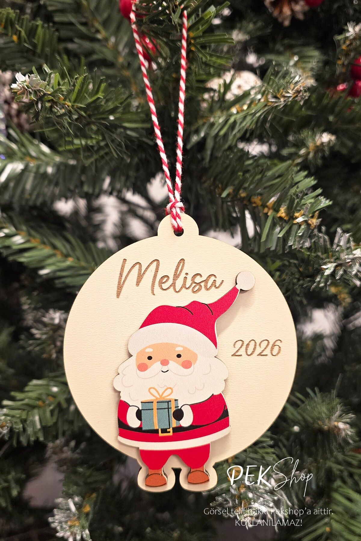 İsme Özel Noel Baba Figürlü İsimli Yılbaşı Ağaç Süsü