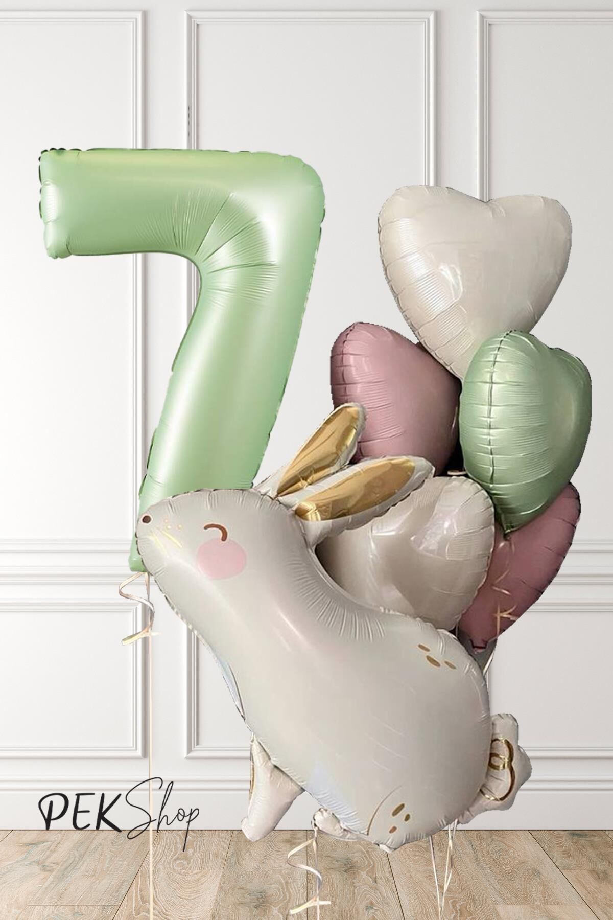 Tavşan Tema Retro Yeşil Rakamlı Kalp Balonlu Doğum Günü Balon Seti 7