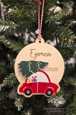 İsme Özel Yılbaşı Ağacı Taşıyan Araba Figürlü İsimli Yılbaşı Ağaç Süsü