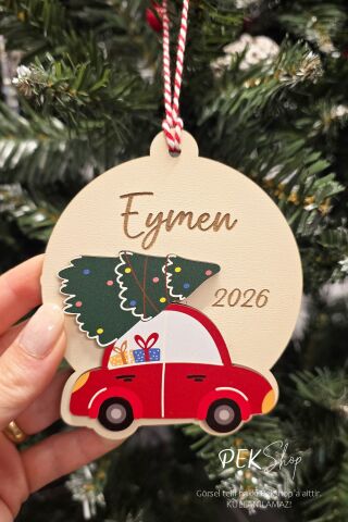 İsme Özel Yılbaşı Ağacı Taşıyan Araba Figürlü İsimli Yılbaşı Ağaç Süsü