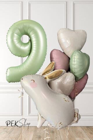 Tavşan Tema Retro Yeşil Rakamlı Kalp Balonlu Doğum Günü Balon Seti 9