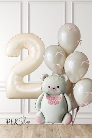 Retro Krem Ayılı Fiyonk Kurdeleli Deniz Kumu Balonlu Doğum Günü Balon Seti