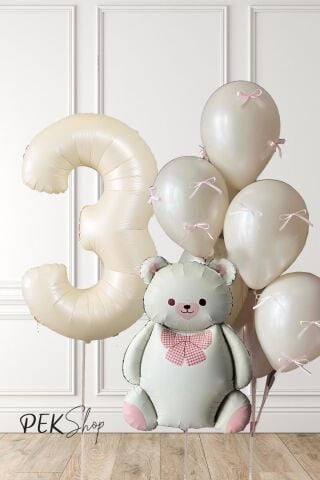 Retro Krem Ayılı Fiyonk Kurdeleli Deniz Kumu Balonlu Doğum Günü Balon Seti 2