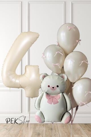 Retro Krem Ayılı Fiyonk Kurdeleli Deniz Kumu Balonlu Doğum Günü Balon Seti 7