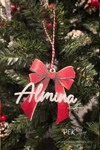 İsme Özel Fiyonk Figür Üzeri Beyaz İsimli Yılbaşı Ağaç Süsü