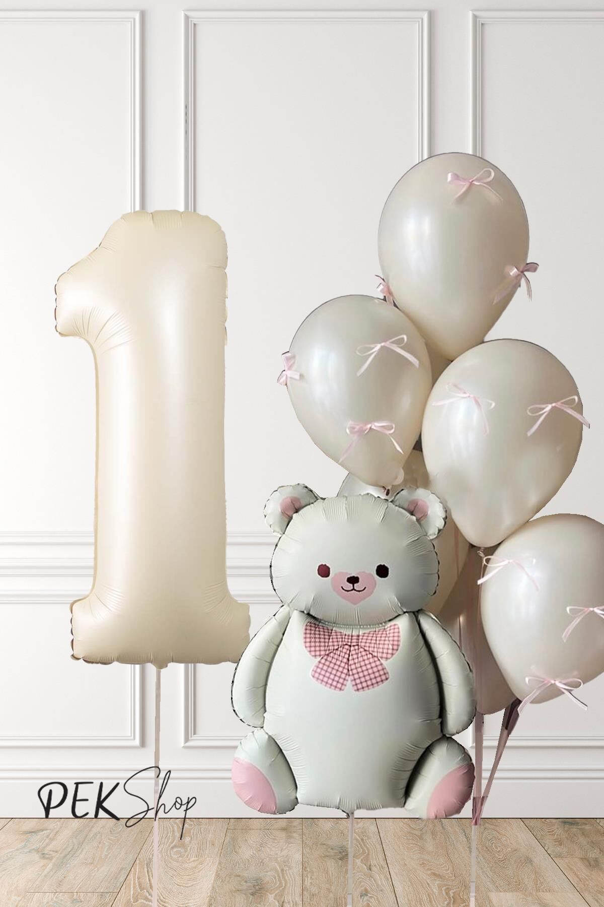 Retro Krem Ayılı Fiyonk Kurdeleli Deniz Kumu Balonlu Doğum Günü Balon Seti 1