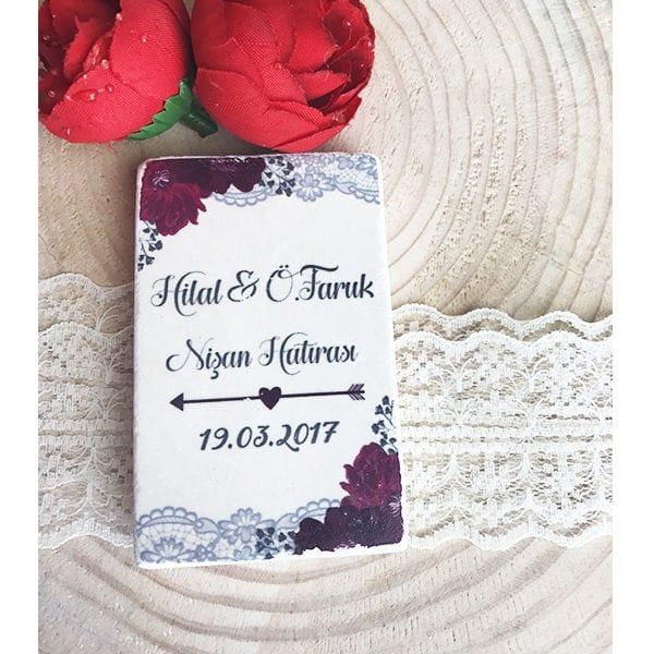 Bordo Konsept Baskılı Doğal Taş Magnet Nikah Şekeri Kutusuz