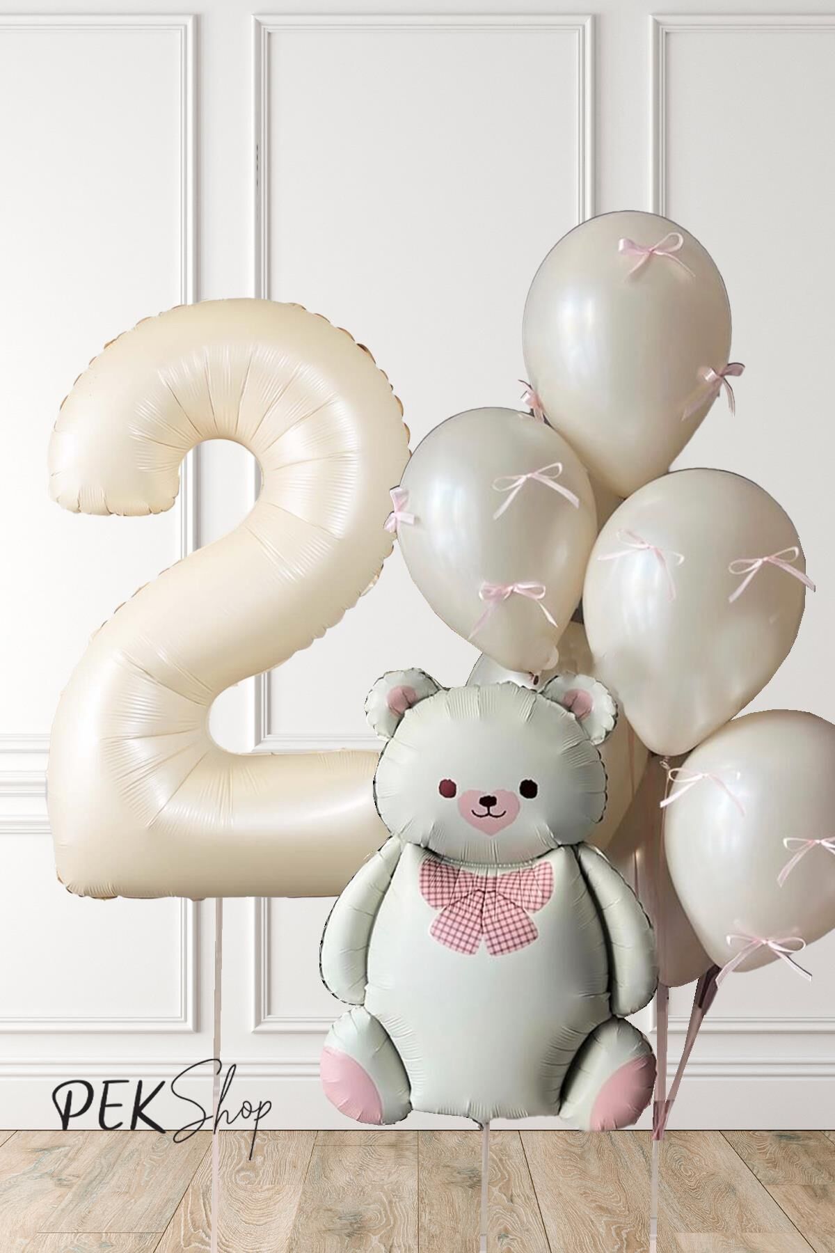 Retro Krem Ayılı Fiyonk Kurdeleli Deniz Kumu Balonlu Doğum Günü Balon Seti 2