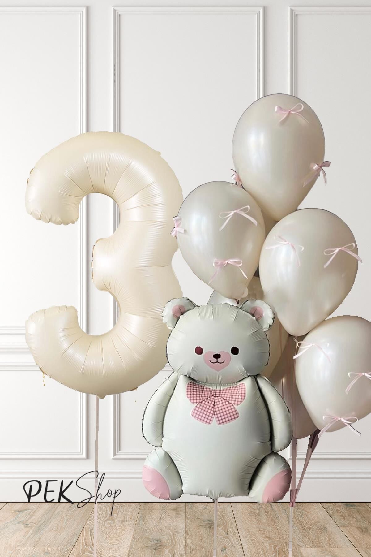 Retro Krem Ayılı Fiyonk Kurdeleli Deniz Kumu Balonlu Doğum Günü Balon Seti 3