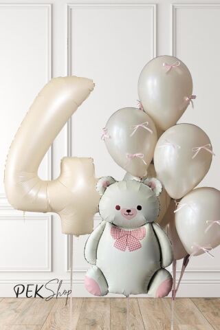 Retro Krem Ayılı Fiyonk Kurdeleli Deniz Kumu Balonlu Doğum Günü Balon Seti 4