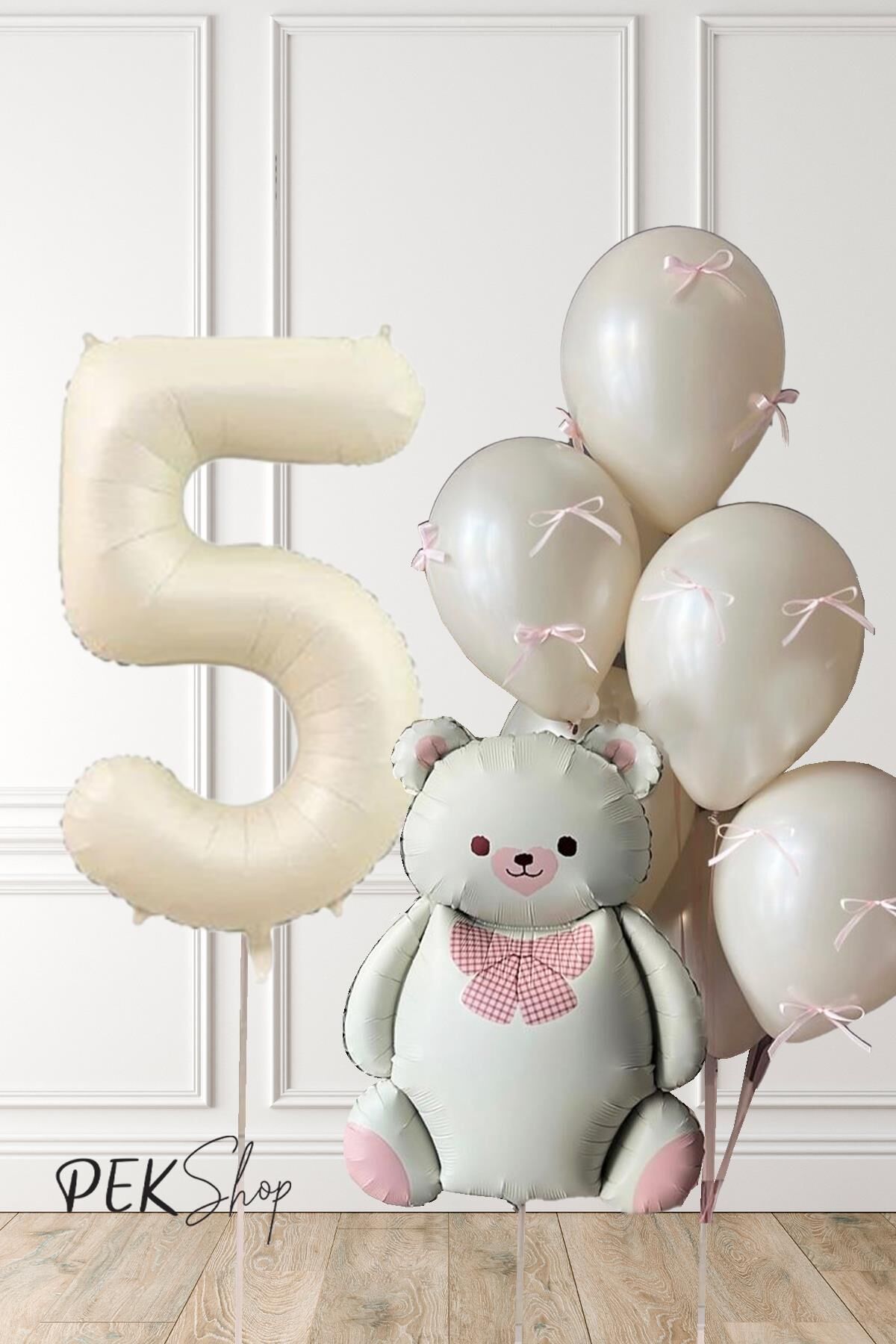 Retro Krem Ayılı Fiyonk Kurdeleli Deniz Kumu Balonlu Doğum Günü Balon Seti 5