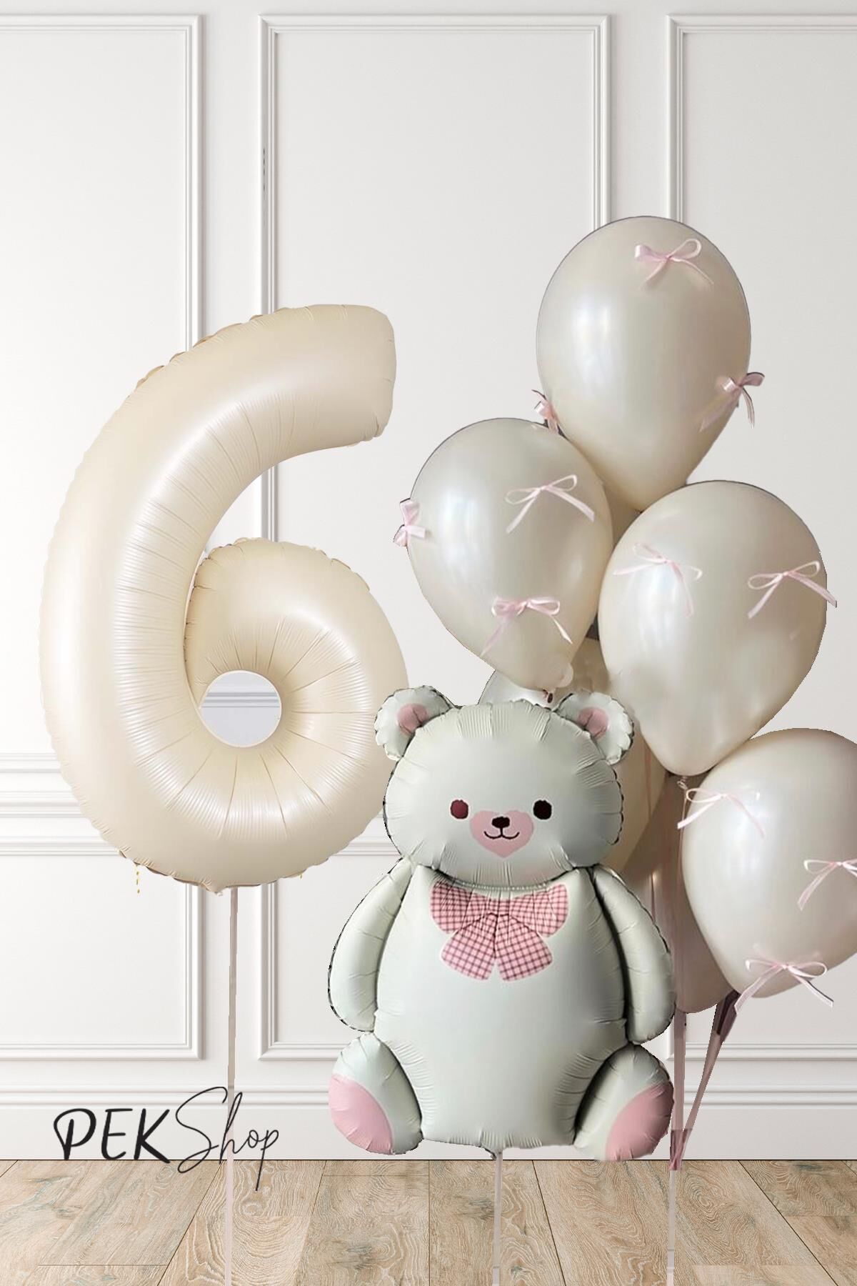 Retro Krem Ayılı Fiyonk Kurdeleli Deniz Kumu Balonlu Doğum Günü Balon Seti 6