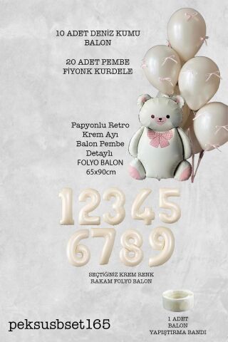 Retro Krem Ayılı Fiyonk Kurdeleli Deniz Kumu Balonlu Doğum Günü Balon Seti 6