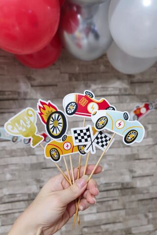 Retro Yarış Arabaları Konsept Kürdan Süsleri Cupcake Süsleri Lüks Büyük Boy 10lu Paket