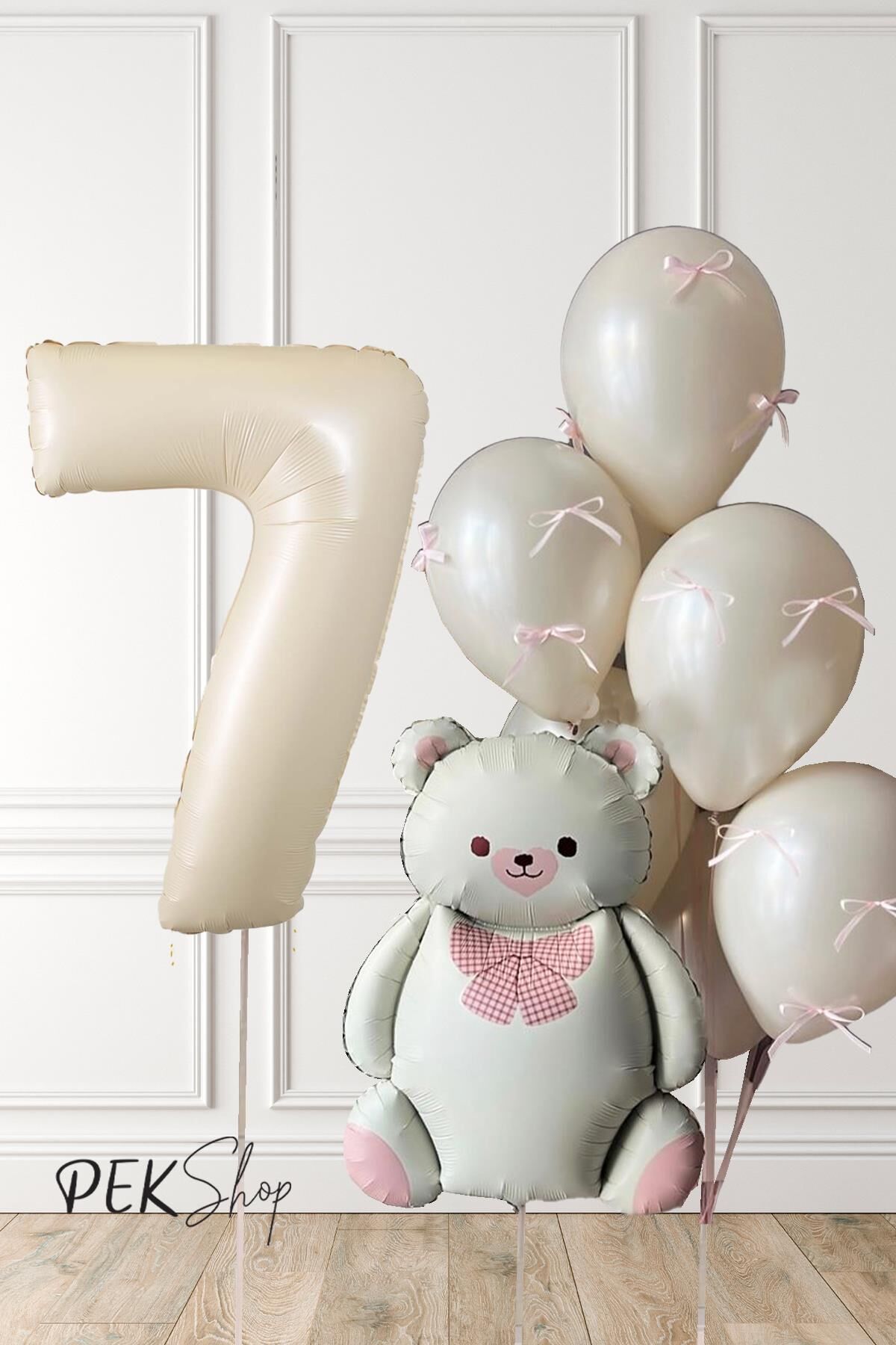 Retro Krem Ayılı Fiyonk Kurdeleli Deniz Kumu Balonlu Doğum Günü Balon Seti 7