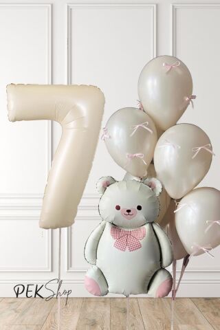 Retro Krem Ayılı Fiyonk Kurdeleli Deniz Kumu Balonlu Doğum Günü Balon Seti 7