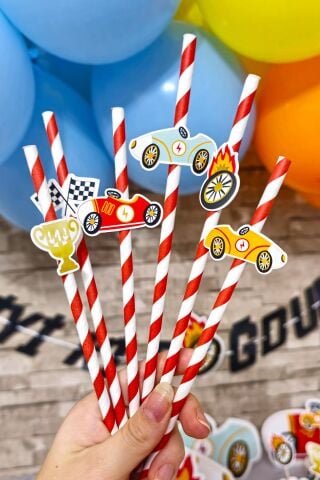 Retro Yarış Arabaları Tema Pipet Süsleri 10lu Lüks Pipet Paketi