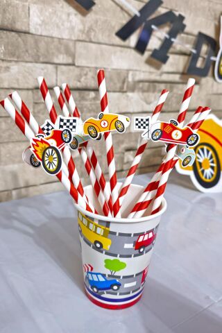 Retro Yarış Arabaları Tema Pipet Süsleri 10lu Lüks Pipet Paketi