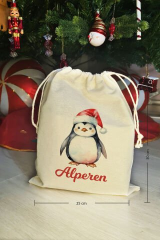 Noel Baba Şapkalı Penguen İsme Özel Yılbaşı Hediye Kesesi