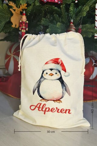 Noel Baba Şapkalı Penguen İsme Özel Yılbaşı Hediye Kesesi