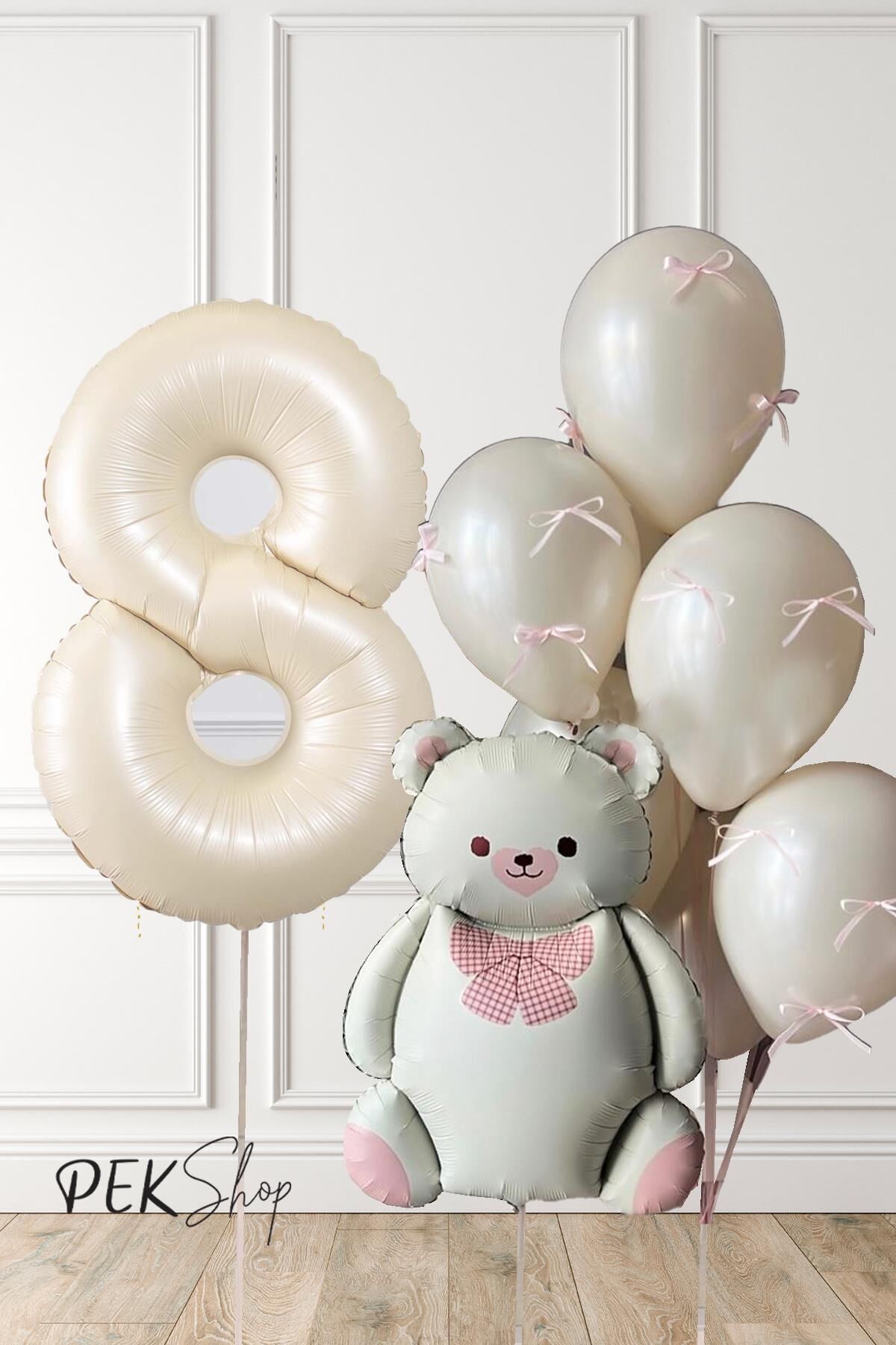Retro Krem Ayılı Fiyonk Kurdeleli Deniz Kumu Balonlu Doğum Günü Balon Seti 8