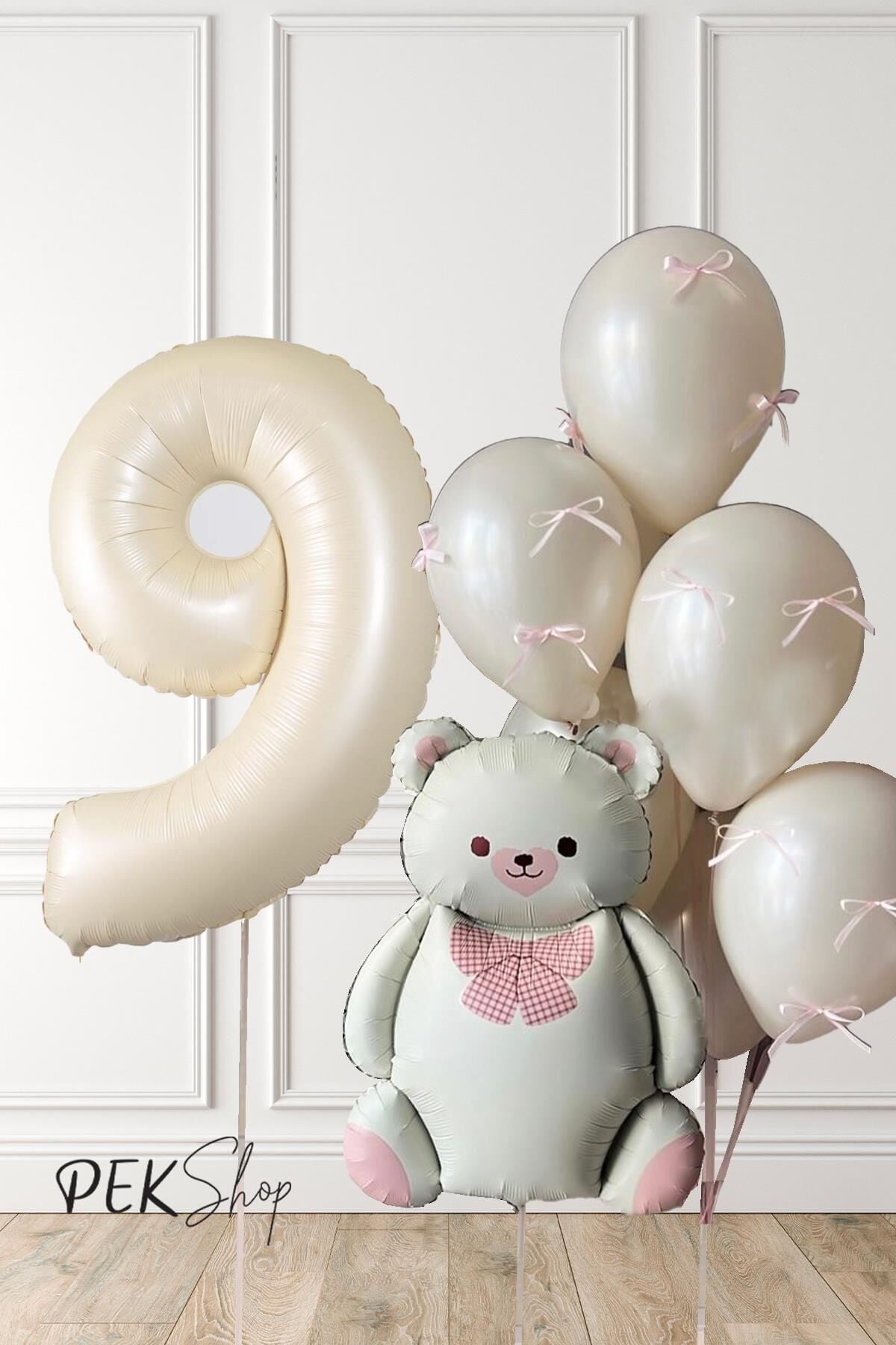 Retro Krem Ayılı Fiyonk Kurdeleli Deniz Kumu Balonlu Doğum Günü Balon Seti 9