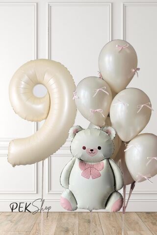Retro Krem Ayılı Fiyonk Kurdeleli Deniz Kumu Balonlu Doğum Günü Balon Seti 9