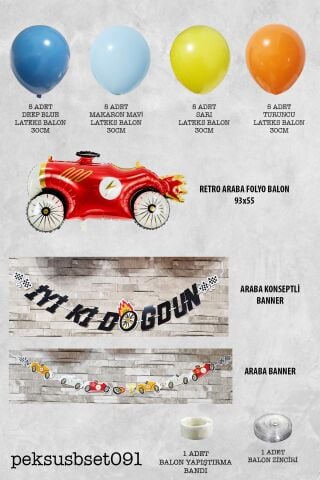 Yarış Arabaları Tema Doğum Günü Balon Zinciri Seti Fon Perdeli Doğum Günü Süsleme Seti