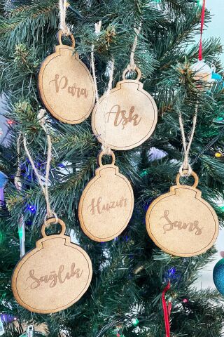 Yılbaşı Ağacı Süsleri Güzel Dilekler 5li Set Ahşap Yeni Yıl Süsleri